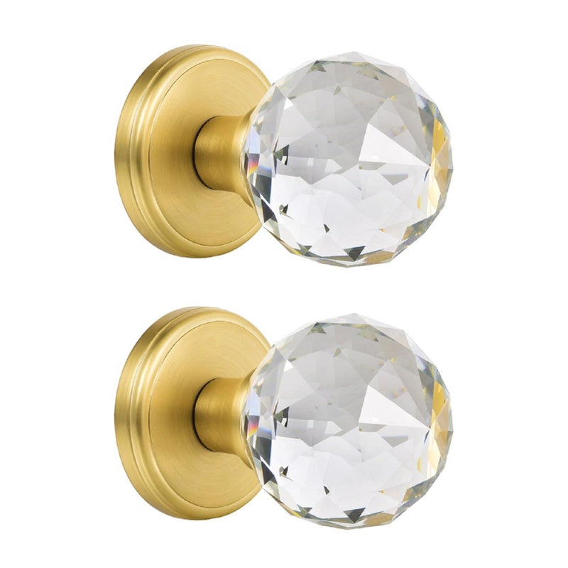 CLCTK 2 Pack Crystal Glass Dummy Door Knobs, Inactive Round Half-Dummy Door Knob Set, Single Side, Satin Brass - Image 1